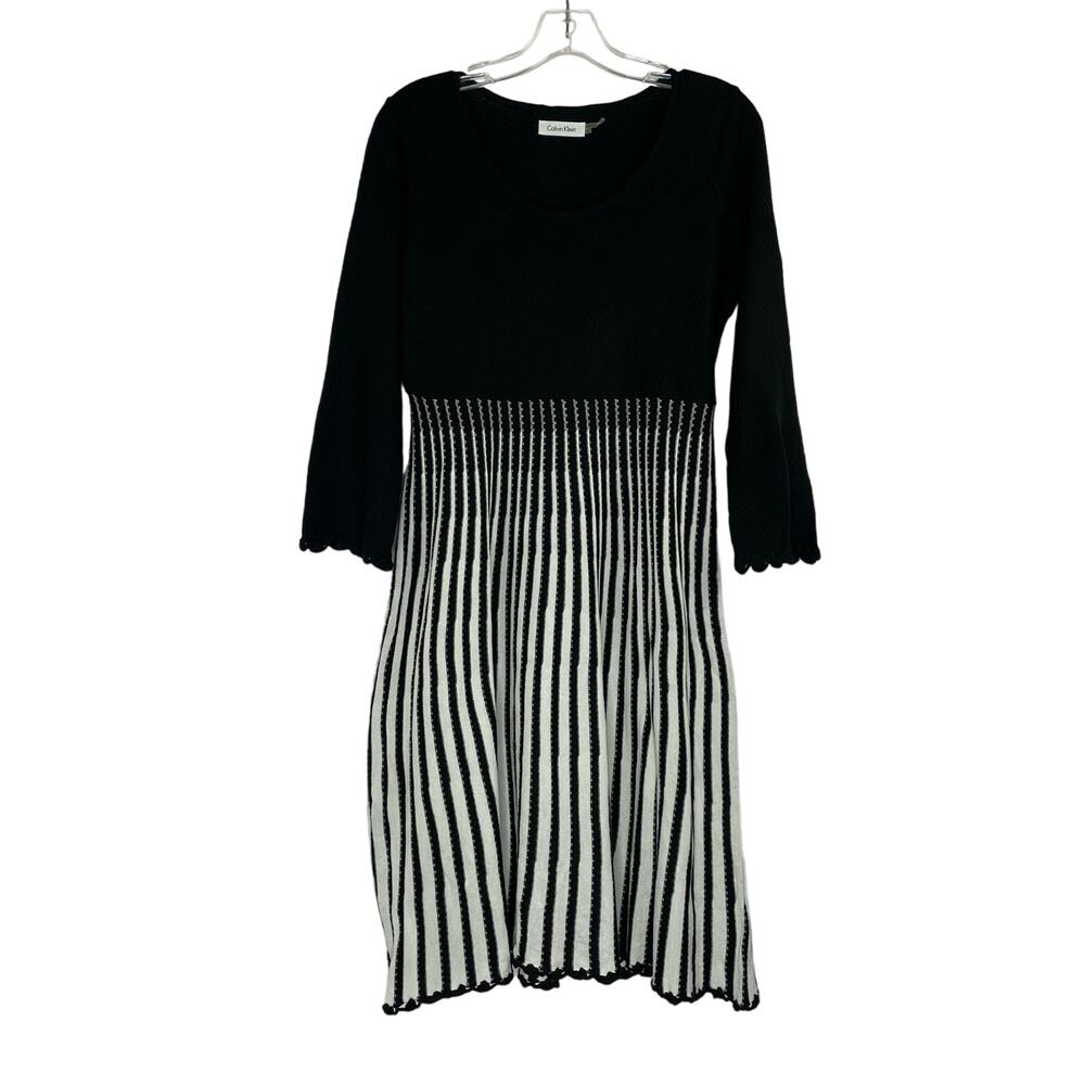 Calvin Klein knit black white career dressy scalloped midi dress women's Medium